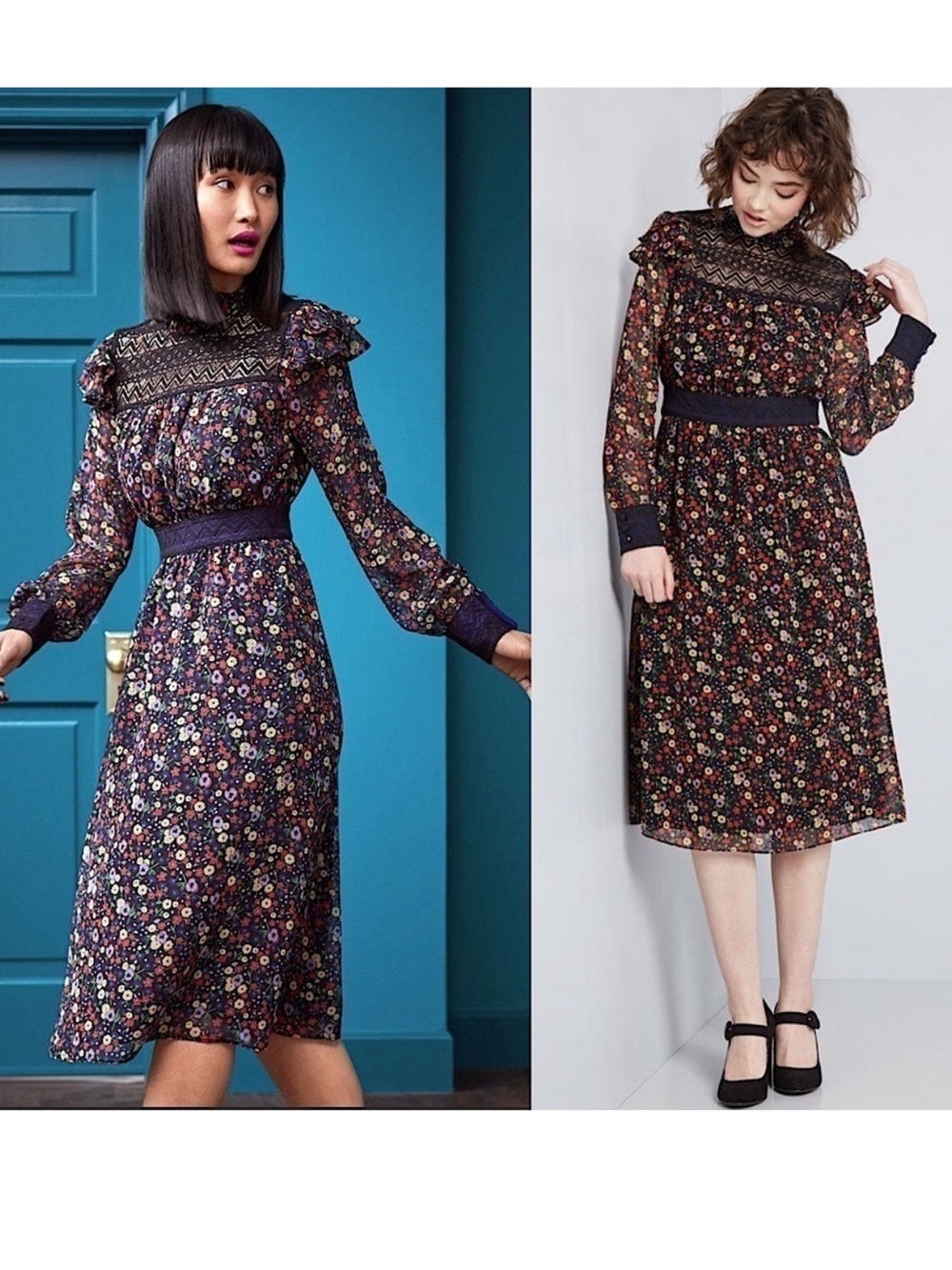 ModCloth ANNA SUI 70s Floral Chiffon Lace Trim High Neck Ruffled Midi Dress 8